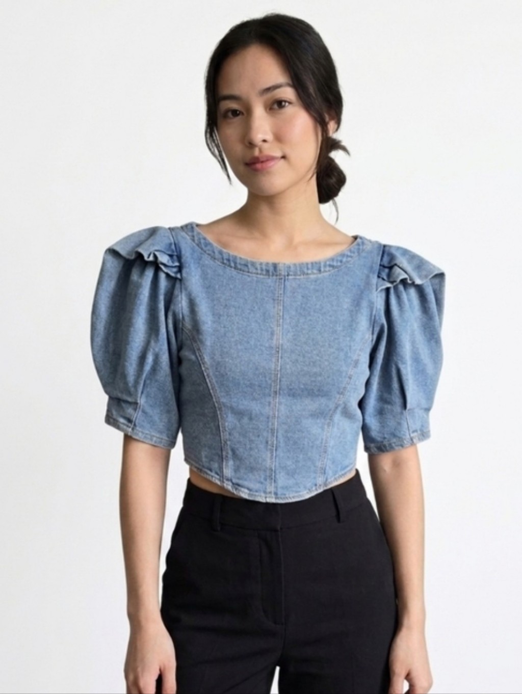 R.G. Kane Nwot Cropped Puff Sleeve Denim Blouse Medium Blue Wash Size Small